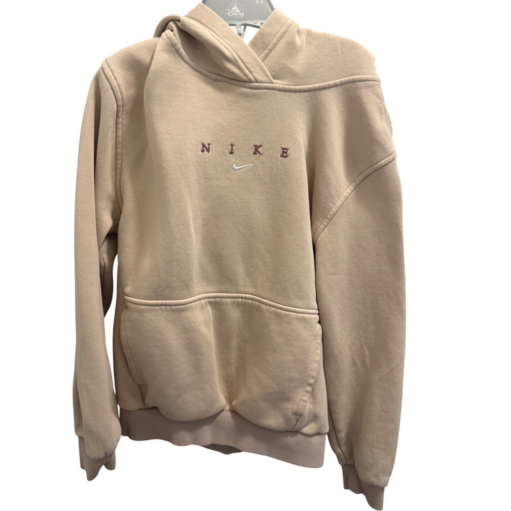 Nike Girls Medium Hoodie Beige Tan Embroidered Spellout Pullover Sweatshirt